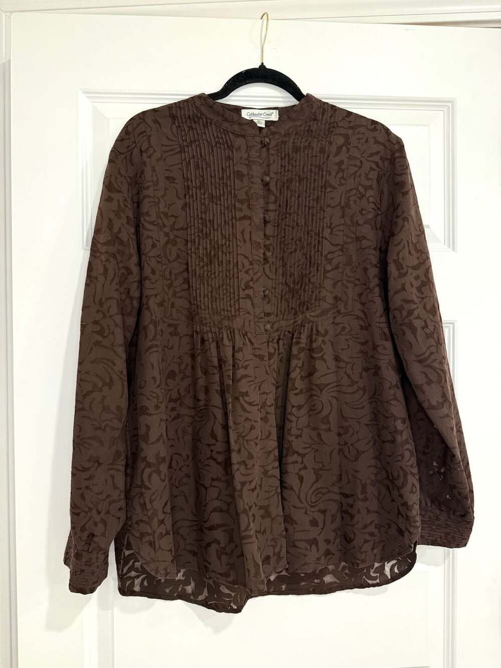 Coldwater Creek Blouse Top Womens Size XL Floral Burnout Button Brown Pintuck